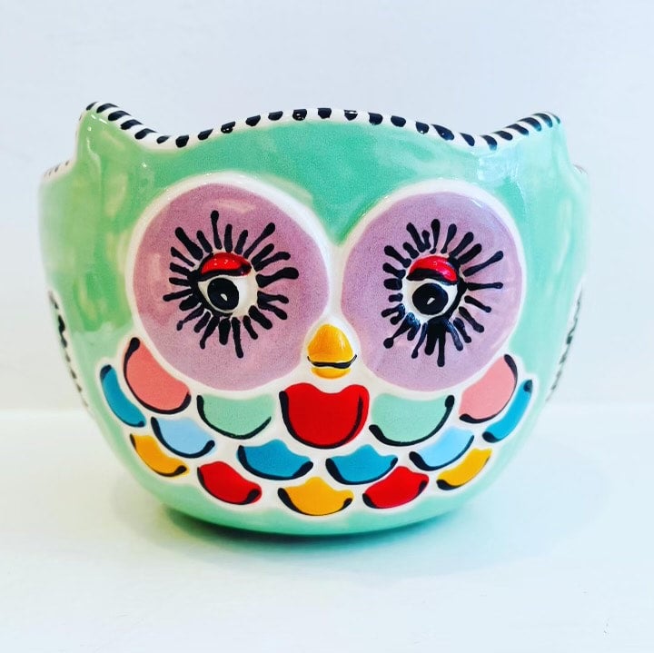 Barn Owl Yarn Bowl Large B & W Hand Painted Ceramic With Four Yarn